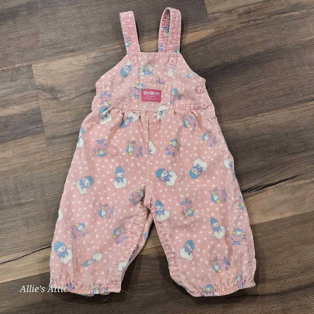 OshKosh B'gosh Girls Pink Snowman Winter Blue White Overalls Corduroy Baby 12 Mo